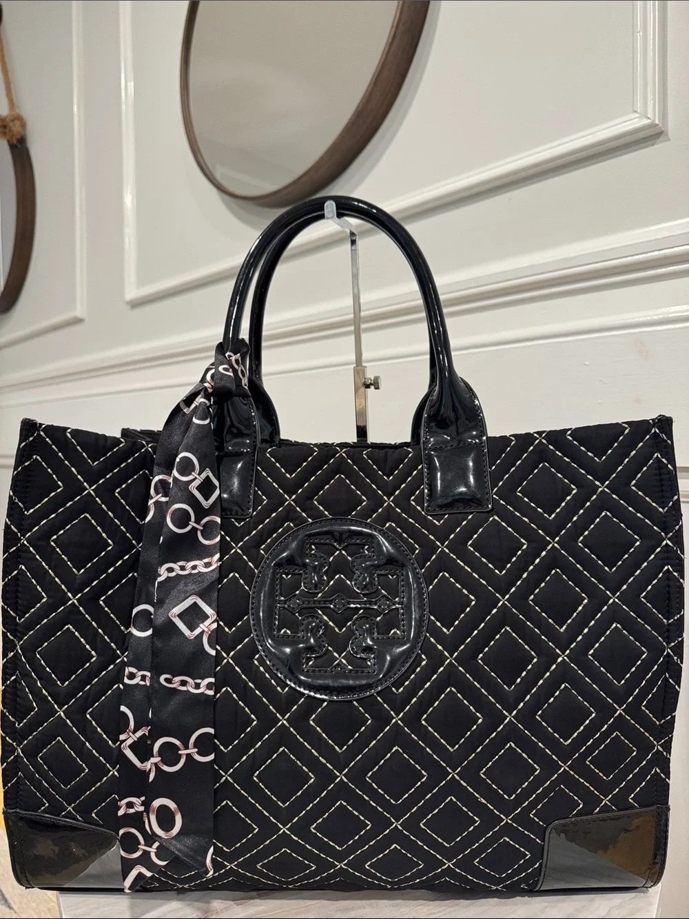 Tory Burch Bag Ella Quilted Black Large Nylon Tote Rare
